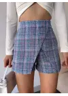 Kapaklı tüvit şort etek mavi