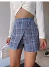 Kapaklı tüvit şort etek mavi