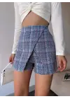 Kapaklı tüvit şort etek mavi
