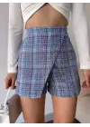 Kapaklı tüvit şort etek mavi