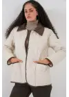 Ekru Kahve Kapitone Oversize Mont Kadın Giyim