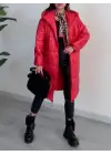 Kapşonlu Bağcık Detaylı Fermuarlı Şişme Mont -Kırmızı