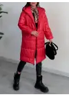 Kapşonlu Bağcık Detaylı Fermuarlı Şişme Mont -Kırmızı