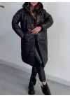 Kapşonlu Bağcık Detaylı Fermuarlı Şişme Mont -Siyah
