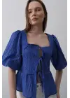 Kare Yaka Balon Kol Bluz - Mavi
