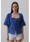Kare Yaka Balon Kol Bluz - Mavi