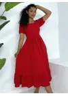Kare Yaka Beli Lastikli Kısa Kol Ayrobin Elbise -Kırmızı