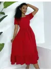 Omarı Kırmızı Kare Yaka Elbise
