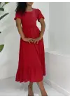 Kare Yaka Beli Lastikli Kısa Kol Ayrobin Elbise -Kırmızı