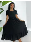 Kare Yaka Beli Lastikli Kısa Kol Ayrobin Elbise -Siyah