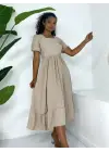 Kare Yaka Beli Lastikli Kısa Kol Ayrobin Elbise -Vizon