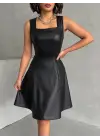 Kare yaka deri elbise siyah h24442