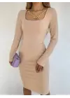 Kare Yaka Kolyeli Midi Boy Elbise -Vizon