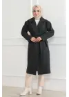 Kaşe Kaban – Uzun Boy 115 Cm Kruvaze Yaka Kuşaklı Astarlı Kışlık Tesettür Kaban, Yünlü Dokuma Kaşmir Kumaş, Cepli Oversize Rahat Kalıp Şık Modern Kaban Mont Modeli (Günlük Ve Özel Gün Kombinlerine Uygun) - Siyah