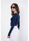 Kayık yaka uzun kollu bluz lacivert pt