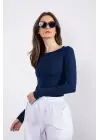 Kayık yaka uzun kollu bluz lacivert pt
