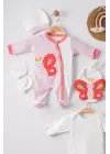 Kelebek Nakışlı Puanlı Tulumlu % 100 Pamuk Kız Bebek 5li Set
