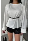 Omarı Detaylı Saten Bluz - Beyaz