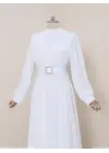 Omarı Modern Pileli Beyaz Tesettür Elbise