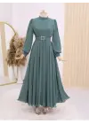 Omarı Şık Pileli Tesettür Elbise - Mint Renkli