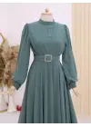 Omarı Şık Pileli Tesettür Elbise - Mint Renkli