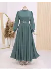 Omarı Şık Pileli Tesettür Elbise - Mint Renkli