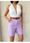 Kemerli gabardin şort lila s25735