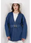 Kemerli Kot Ceket Tunik 5985 - Mavi