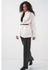 Kemerli Oversize Kürklü Kaban 9156 - Beyaz