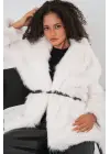 Kemerli Oversize Kürklü Kaban 9156 - Beyaz