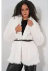 Kemerli Oversize Kürklü Kaban 9156 - Beyaz