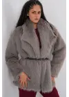 Kemerli Oversize Kürklü Kaban 9156 - Füme