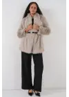 Kemerli Oversize Kürklü Kaban 9156 - Taş