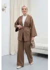 Kemerli Pantolonlu Kimono Takım    -Açık Kahverengi