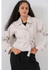 Kemerli Suni Deri Ceket 1046 - Ekru
