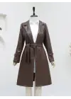 Kemerli Yan Cepli Deri Trenckot -Kahve
