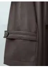 Kemerli Yan Cepli Deri Trenckot -Kahve