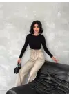 Kendinden ince kemerli deri pantolon bej t1178