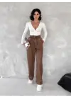 Kendinden ince kemerli deri pantolon kahve t1178
