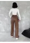Kendinden ince kemerli deri pantolon kahve t1178