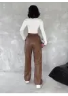 Kendinden ince kemerli deri pantolon kahve t1178