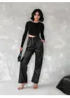 Kendinden ince kemerli deri pantolon siyah t1178