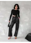 Kendinden ince kemerli deri pantolon siyah t1178