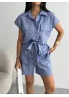 KETEN BAĞLAMALI KOLSUZ GÖMLEK - DUBLE PAÇA ŞORT TAKIM - Lacivert