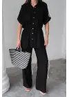 KETEN BELDEN BÜZGÜ DETAYLI GÖMLEK - PANTOLON TAKIM - Siyah