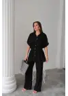 KETEN BELDEN BÜZGÜ DETAYLI GÖMLEK - PANTOLON TAKIM - Siyah