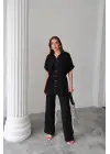 KETEN BELDEN BÜZGÜ DETAYLI GÖMLEK - PANTOLON TAKIM - Siyah