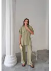 KETEN BELDEN BÜZGÜ DETAYLI GÖMLEK - PANTOLON TAKIM - Yeşil