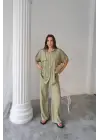 KETEN BELDEN BÜZGÜ DETAYLI GÖMLEK - PANTOLON TAKIM - Yeşil