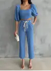 KETEN CROP KARPUZ KOL BLUZ-PANTOLON HASIR KEMERLİ - Mavi